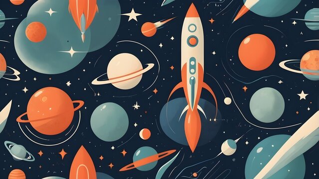 Vibrant retro space exploration seamless pattern with rockets, planets, stars, and celestial bodies on a dark cosmic background.