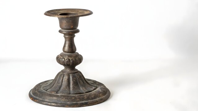 Antique bronze candlestick holder sits isolated on a white background.