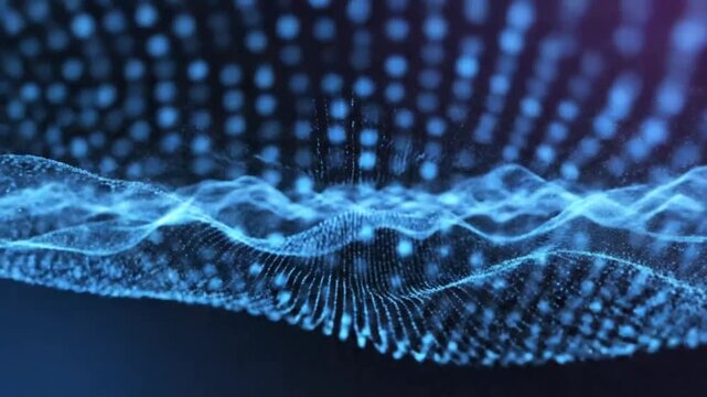 Abstract digital wave with glowing particles and a dark background representing data visualization and technology.