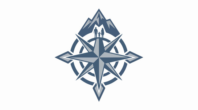 A minimalist compass rose where the north needle transforms into a mountain peak featuring a family silhouette standing at the base. Slate blue and light grey colors. Sharp geometric edges.