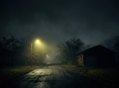 Eerie Baroque suburban street at night with foggy driveway, lone streetlight, and cinematic shadows.
