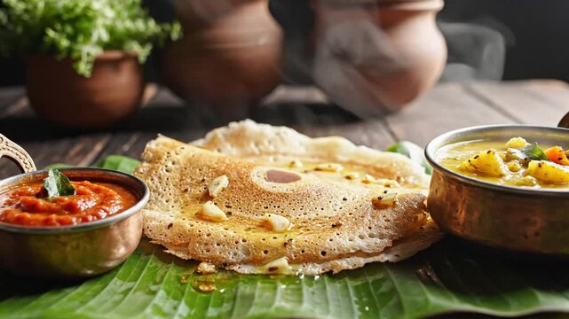 Delicious Indian Breakfast Featuring Dosa, Sambar, and Chutney with Steam and Warmth