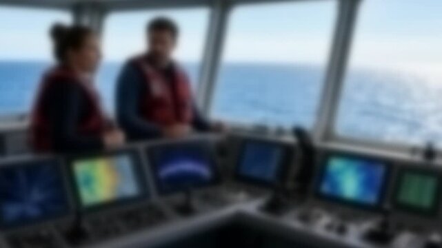 Researchers at sonar screens on a bright research vessel deck, Full Gaussian Blur Abstract
