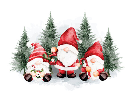 Watercolor Illustration of Christmas Gnomes and Frozen Tree in Winter