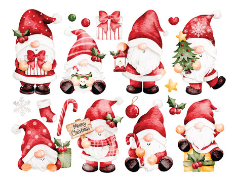 Watercolor Illustration Set of Christmas Gnomes and Christmas Elements