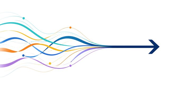 Abstract Colorful Flowing Data Lines Merging Into Single Directional Arrow Concept
