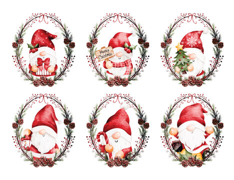 Watercolor Illustration Set of Christmas Frame with Cute Christmas Gnomes