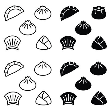 Traditional dim sum vector graphic collection featuring outline and solid black icon shapes for culinary designs