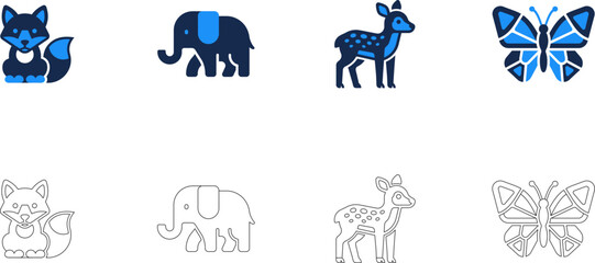 Fototapeta premium A collection of stylized blue animal illustrations arranged in a grid with corresponding black and white line drawings