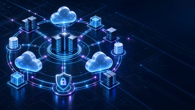 Secure cloud computing infrastructure topology showing centralized server processing and distributed data storage network