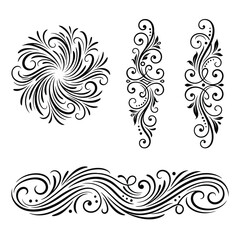 Fototapeta premium Elegant floral swirl vector graphic design elements featuring intricate black filigree curves on white background