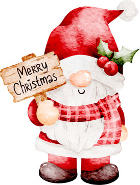 Watercolor Illustration of Cute Christmas Gnome