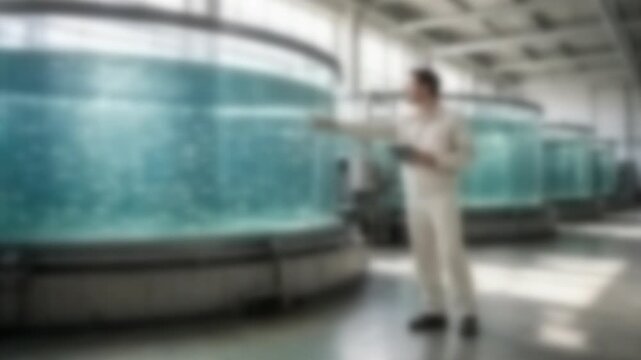 Technician with a tablet beside bright aquaculture tanks, Full Gaussian Blur Abstract