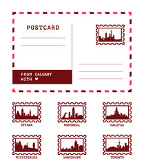 Obraz premium Canada cities postcard templates set with postal stamps and landmarks of Calgary, Ottawa, Halifax, Vacnouver, Mississauga, Toronto, Montreal. Clean vector mock up, postal card constructor