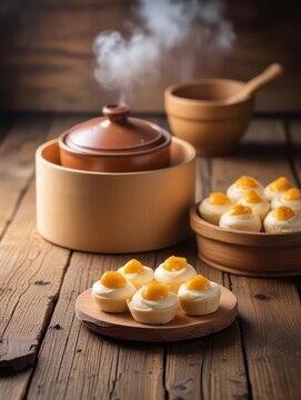 Aromatic sweet egg bua loi on a wooden table with a steamer pot in the background