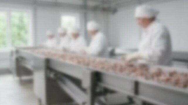 Workers at a grading line in a bright seafood plant, Full Gaussian Blur Abstract