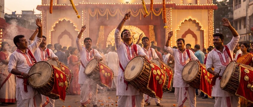 Traditional Bengali Dhak Drummers Performing at Durga Puja Celebration in Front of an Illuminated Pandal, Wide Banner for Indian Cultural Tourism and Festive Media