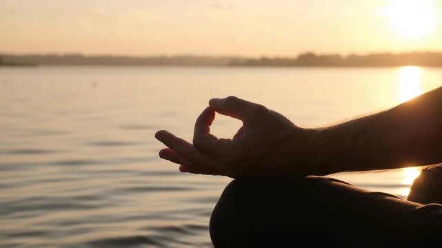 Silhouette of a person hands meditating in gyan mudra at sunset