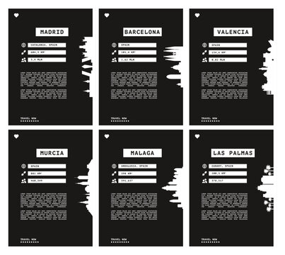 Spain vector pack with infographics layouts, posters, flyers. Graphic template with data about Madrid, Barcelona, Valencia, Murcia, Malaga, Las Palmas for web page, travel guide, cover, print