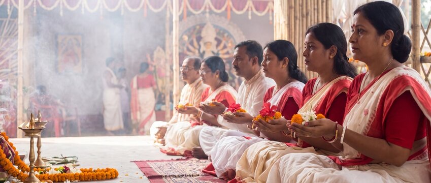 Bengali devotees offering flower prayers during traditional Durga Puja Pushpanjali ritual inside pandal, panoramic banner with copy space for festive greeting
