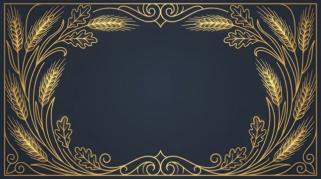 Elegant golden wheat and oak leaf decorative frame on a dark blue background. Perfect for Ocotober Festival theme 