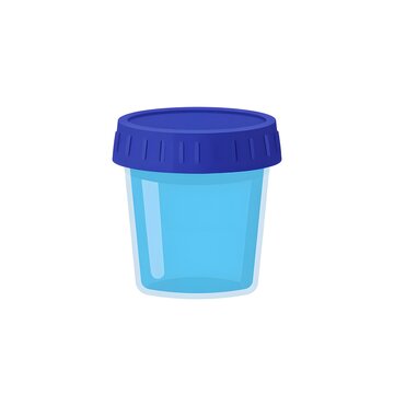 A small plastic medical specimen container with a blue screw cap lid.