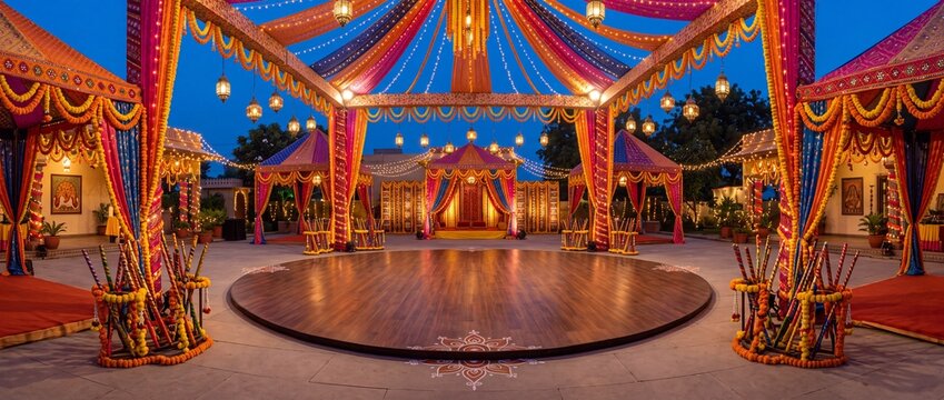 Empty Navratri Garba dance floor with vibrant Indian canopy decor, fairy lights, and traditional dandiya setup at dusk, copy space for festive event banner and marketing background