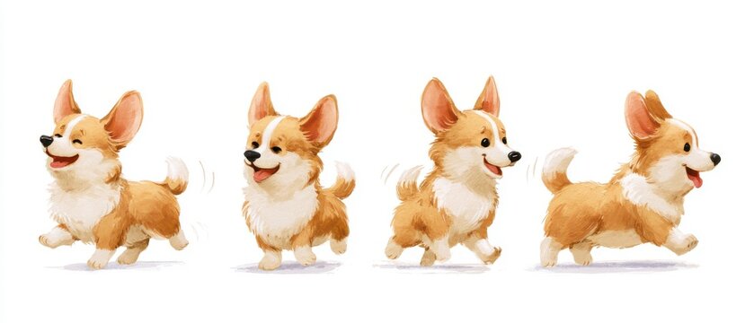 Cute watercolor illustration of a happy corgi dog walking and wagging its tail, four different poses in a horizontal row, character sheet, isolated on a white background, soft colors, children's book