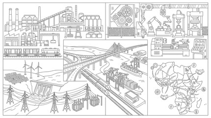 Fototapeta premium Collage of Industrial and Technological Scenes Depicting Modern Industry and Infrastructure.