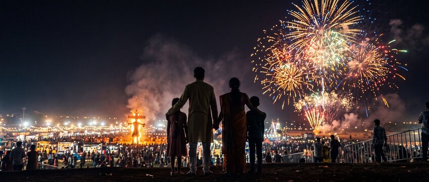 Indian family silhouette watching grand Dussehra fireworks and burning Ravana effigy at night festival ground, panoramic banner with copy space for advertising