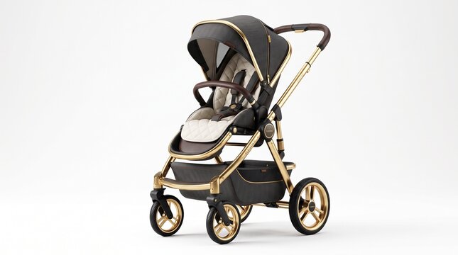 Luxury Black Baby Stroller With Gold Frame Adjustable Canopy Isolated White Background, 32K Revolutions