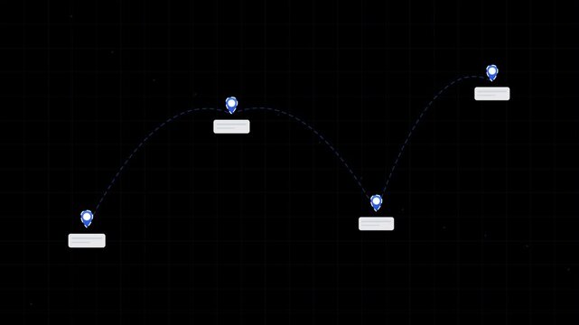 Digital map with animated bouncing GPS pins showing a dotted route progression