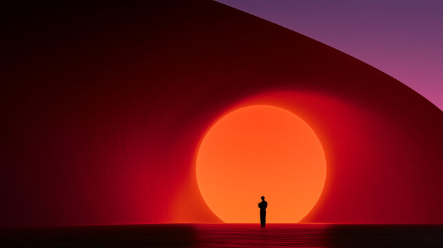 Minimalist immersive art installation featuring a glowing orange circular light, solitary human silhouette, dark reflective floor, and dramatic red atmospheric environment
