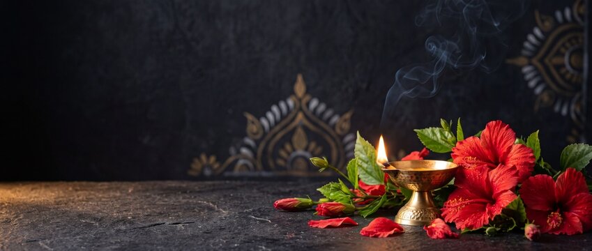 Durga Puja devotional banner featuring red hibiscus flowers, lit brass diya, and incense smoke on dark background with traditional alpana pattern and copy space for festive greeting