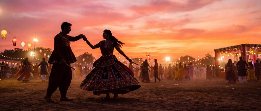 Silhouette of an Indian couple dancing Garba Raas during the Navratri festival at sunset, wearing traditional attire with a glowing sky and copy space for banner design