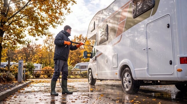 Man wearing rubber boots and waterproof jacket uses a pressure washer to clean his camper van in an autumn parking lot surrounded by yellow trees.