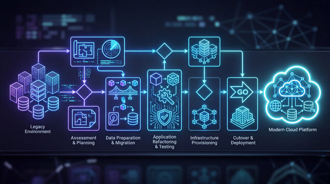 Abstract digital flowchart illustrating data processing and cloud integration, showing network connections and analysis steps, neon blue and purple futuristic technology concept