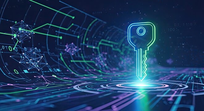 A digital key glows brightly, unlocking a complex network of circuits and data streams.