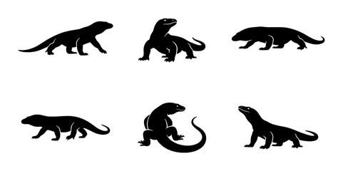 Obraz premium Komodo Dragon Silhouettes, Reptile Vector Icons, Wildlife Animal Graphics, Set of 6