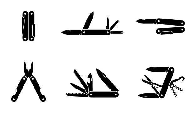 Multitool Icons Set, Pocket Knife Collection, Utility Gadget Vector Graphics, Camping Gear