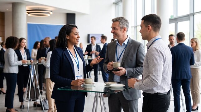 Diverse business people networking and talking during a conference break
