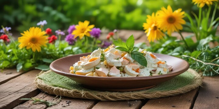 Creamy Russian salad on a speckled plate with fresh parsley garnish