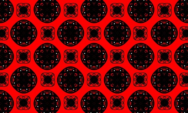 Seamless vibrant red and black ornamental floral mandala pattern featuring intricate circular radial rosettes