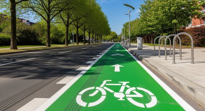 A wide, paved road stretches into the distance under a bright blue sky. A green bike lane is prominently marked with white lines and a bicycle symbol.