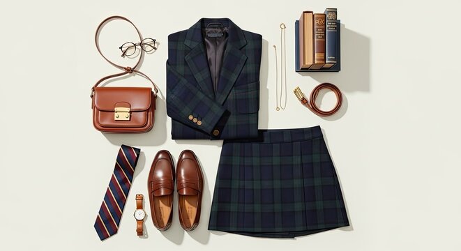 A stylish flat lay composition showcases a sophisticated tweed blazer, matching plaid skirt, and brown leather shoes.