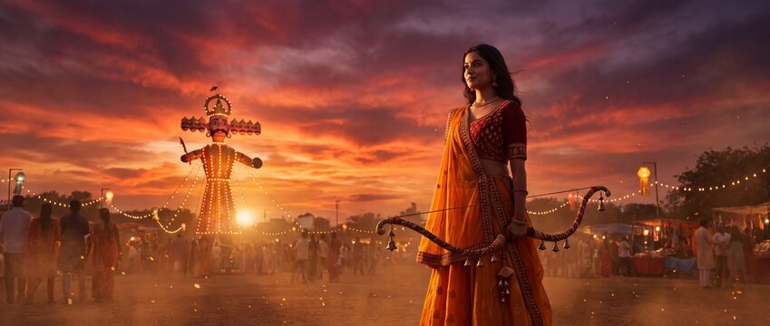 Confident Indian woman holding a traditional bow at Dussehra festival ground with illuminated Ravana effigy at sunset, symbolic victory of good over evil advertising banner with copy space
