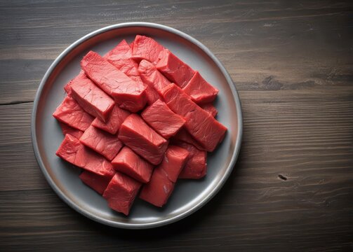 Lean raw beef strips on a stainless steel plate