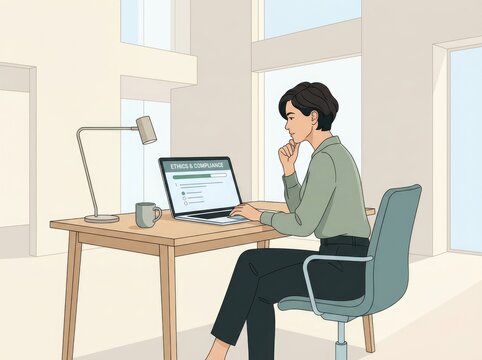 A person sitting at a wooden desk in a bright office, working on a laptop screen that an ethics and compliance training course module