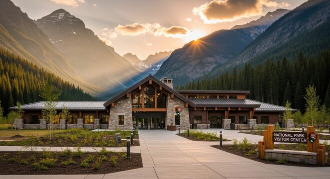 A modern visitor center stands prominently in a scenic national park. The building features a large wooden entrance with windows and a sign that reads "National Park Visitor Center.