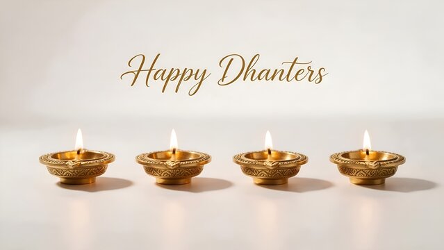 Four glowing traditional brass diya lamps isolated on white background for happy dhanteras